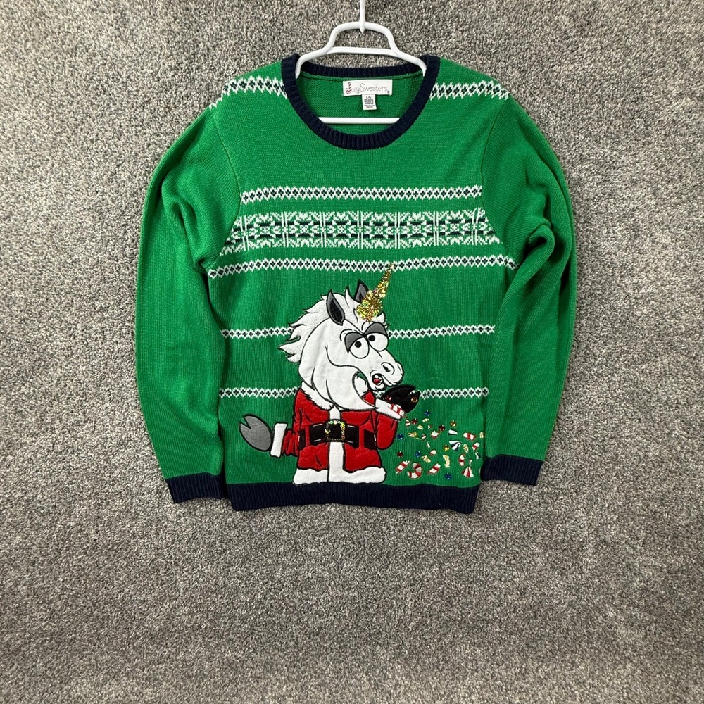 Jolly Sweaters Ireland Green Grumpy Santa Unicorn Ugly Christmas Sweater Mens L